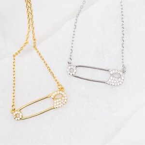 Gold / Silver Safety Pin Crystal Zirconia Necklace, Paperclip Adjustable Dainty